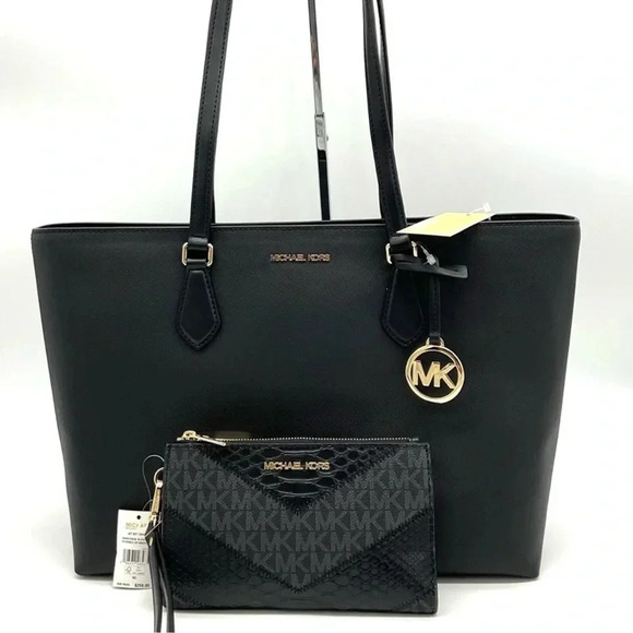 Michael Kors Bag Large Sheila Mf Tote Bag & Large Double Zip Wallet Black/Gold - Picture 2 of 14